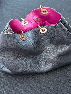 Dior Black Pebbled Leather Shoulder Bag with Pink Interior and Gold Hardware